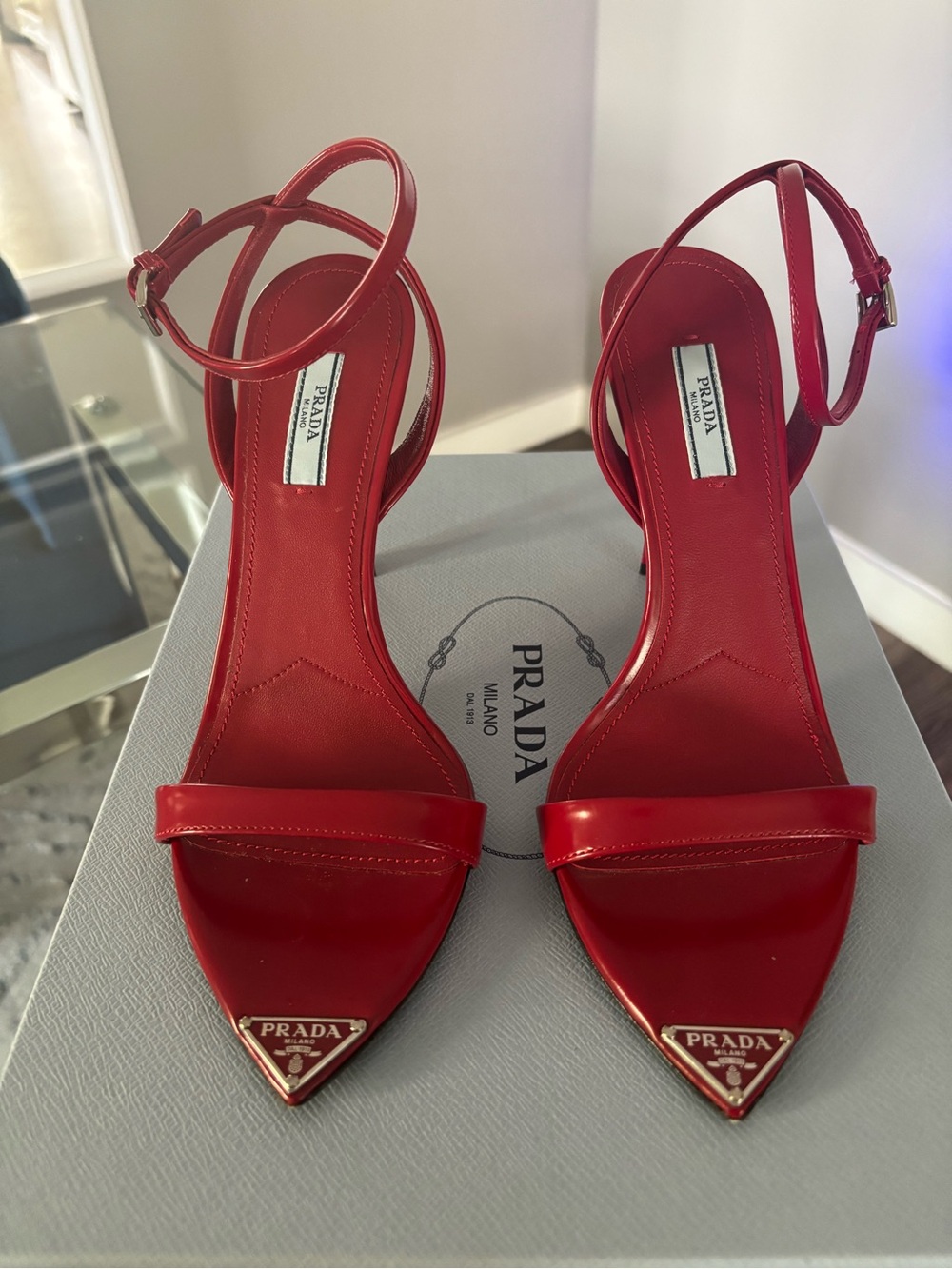 Prada Red Leather Ankle-Strap Pointed Toe Heels